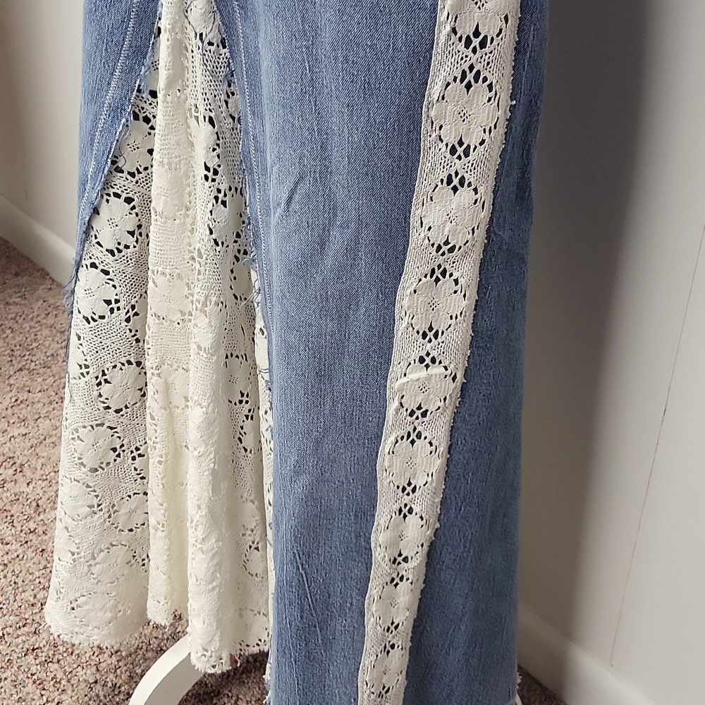 Boho Denim Maxi Skirt with White Lace Panels, Size 8 - Picture 5 of 11